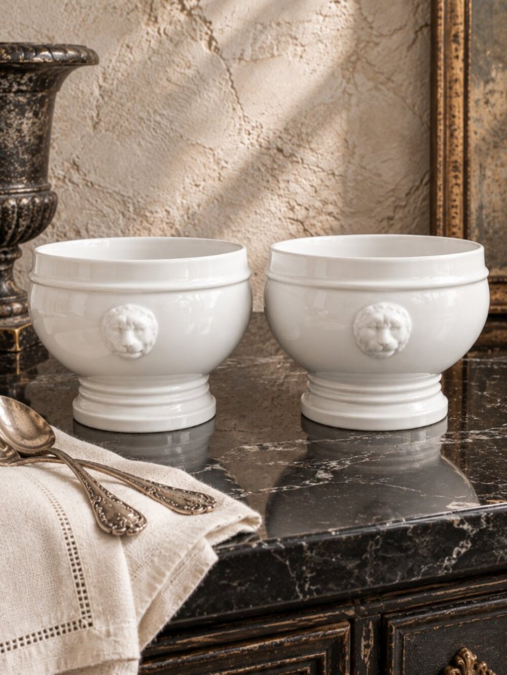 Set of 2 New Pillivuyt France Lion Head Soup Bowls Footed Ironstone Mini Tureens - Picture 9 of 11